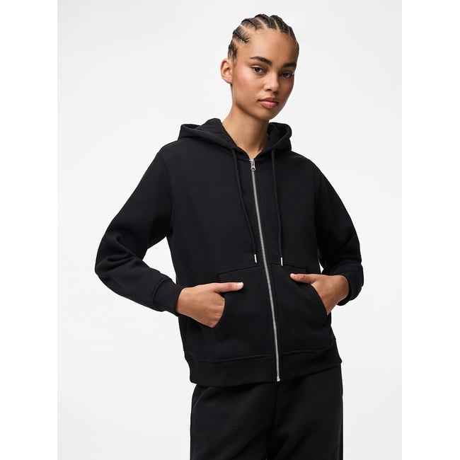 Sweat zippé à capuche, détail poitrine noir <span itemprop=