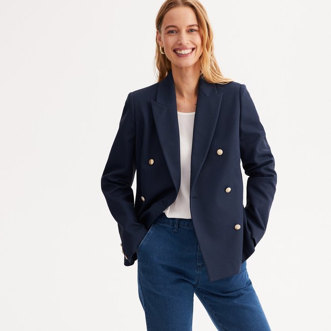 Veste blazer, coupe cintrée, double boutonnage bleu marine <span itemprop=