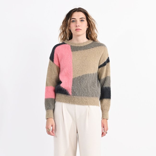 Jersey de cuello redondo con motivo colorblock caqui <span itemprop=