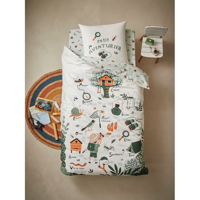 Parure housse de couette + taie d'oreiller enfant MA CABANE bleu gris <span itemprop=