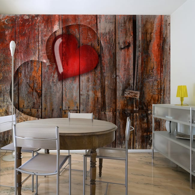 Papier peint intissé panoramique Abstractions Coeurs sur fond de bois Couleur rouge <span itemprop=