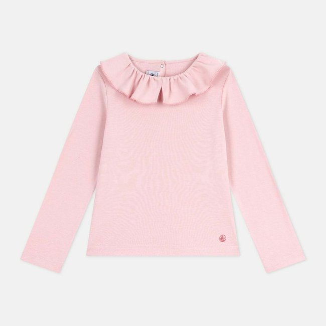 T-shirt in cotone a maniche lunghe, colletto arricciato rosa PETIT BATEAU