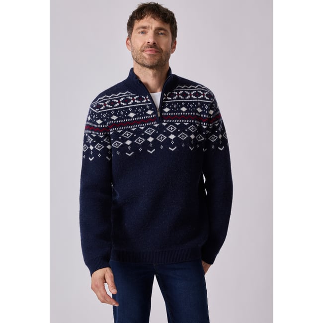 Pull de Noël jacquard bleu marine jacquard <span itemprop=