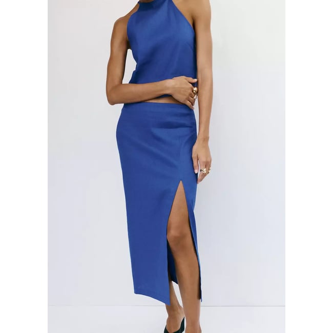 Jupe midi en mélange de lin et coton bleu <span itemprop=