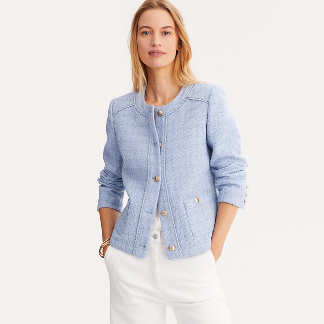 Veste courte en tweed, coupe droite bleu <span itemprop=