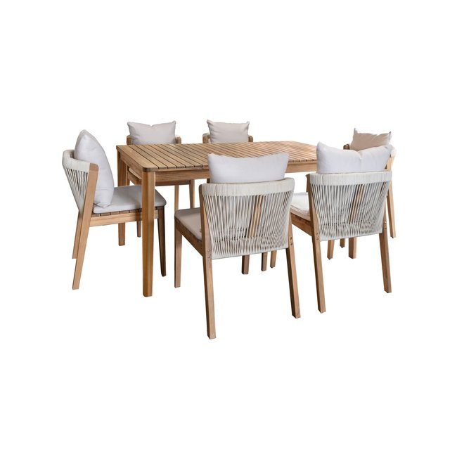 Salon de jardin table et 6 chaises en acacia, FIDJI blanc <span itemprop=