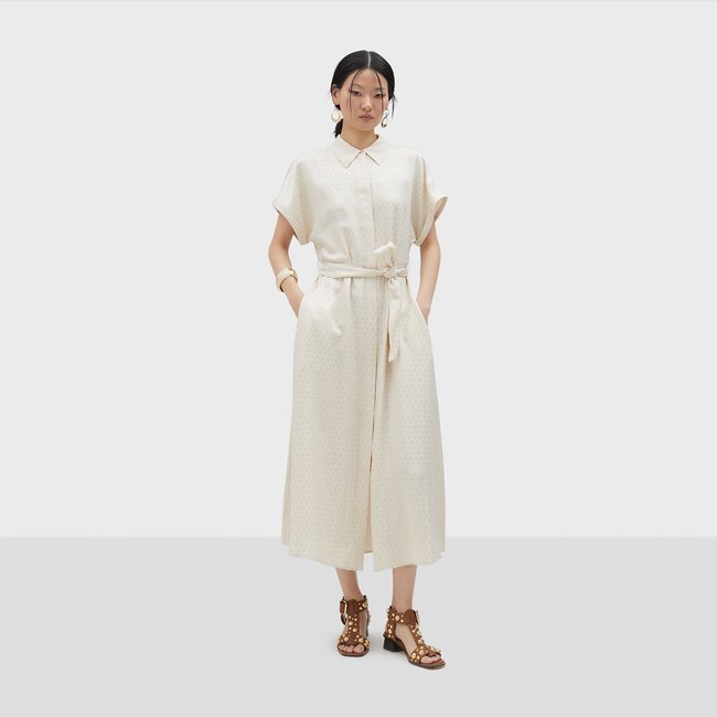 Robe chemise longue avec ceinture incluse ecru <span itemprop=