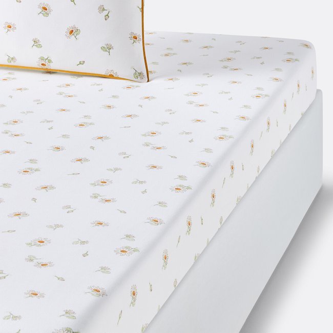 Drap-housse coton lavé, Paquita imprimé fond blanc <span itemprop=