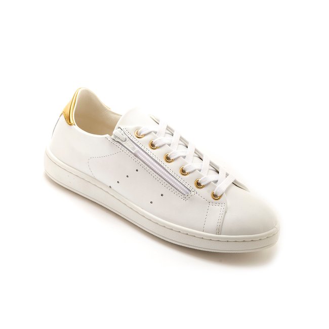 Baskets cuir zippées et lacées blanc/doré <span itemprop=