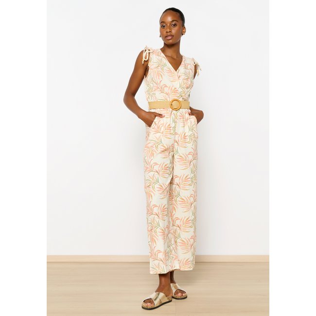 Combinaison en lin à imprimé feuilles blanc casse <span itemprop=
