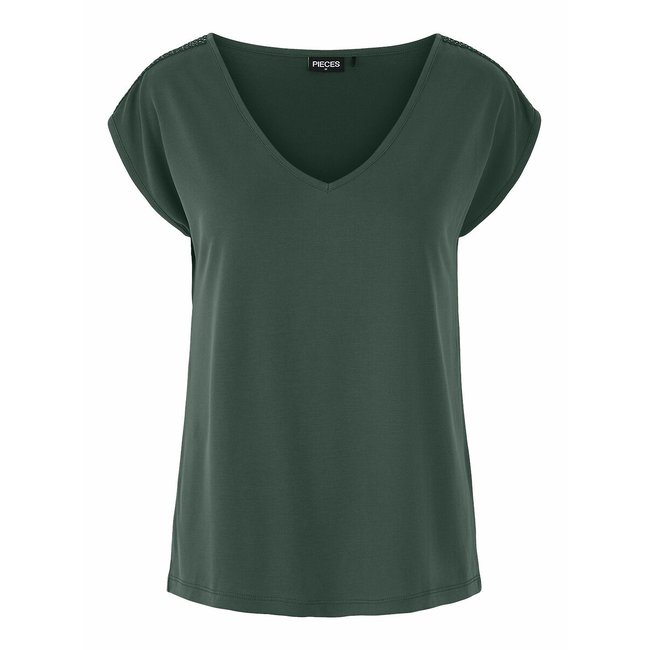 T-shirt manches courtes, bijoux épaules vert PIECES
