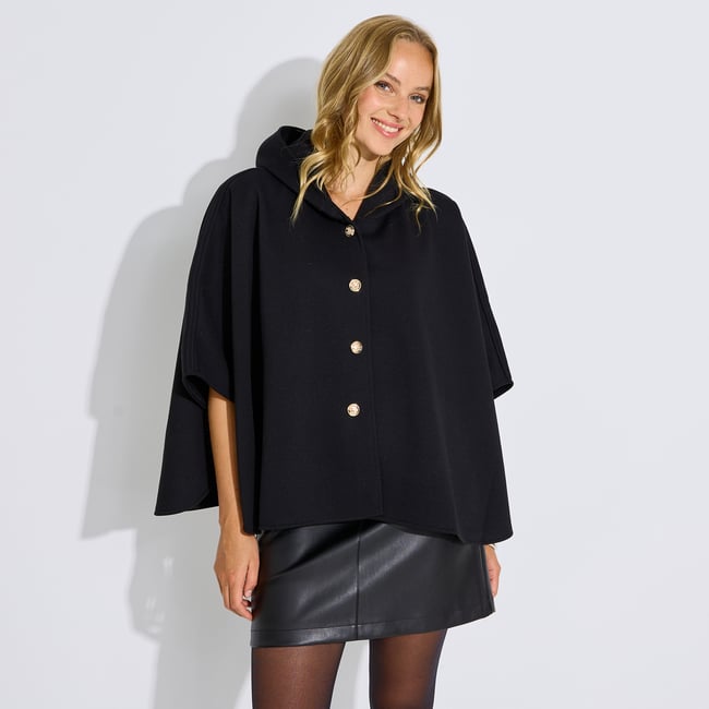 Poncho à capuche boutonné noir <span itemprop=