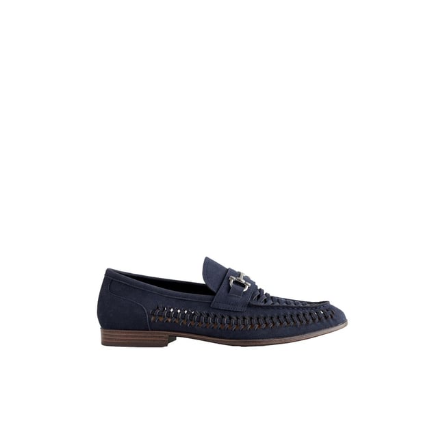 Mocassins en suédine tressée bleu marine <span itemprop=