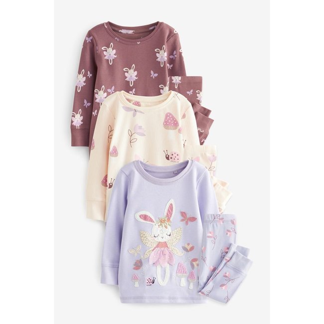 Pyjamas imprimés à manches longues, lot de 3 violet/crème <span itemprop=