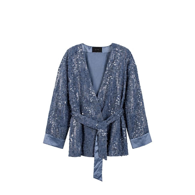 Veste kimono oversize brodée sequins bleu <span itemprop=