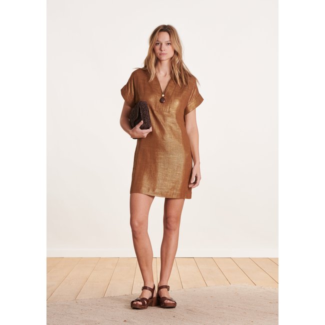 Robe courte en lin foiled irisé manches courtes - LA FEE MARABOUTEE