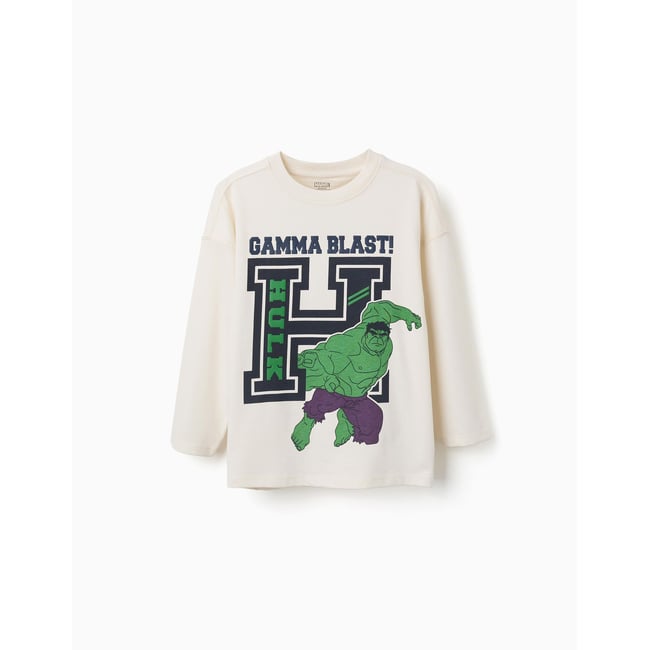 T-shirt en coton à manches longues et imprimé Hulk en relief blanc <span itemprop=
