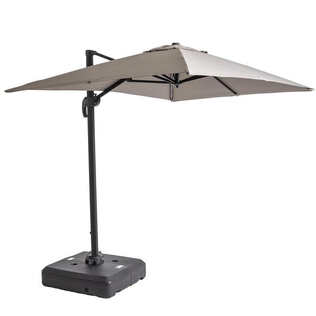 Parasol déporté inclinable rotatif 2 x 3m et dalle à lester sur roues, AMALYA taupe <span itemprop=