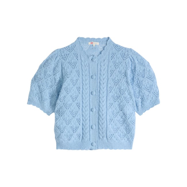 Pull bleu pourvu d'un col rond festonné et d'une fermeture boutonnée bleu <span itemprop=