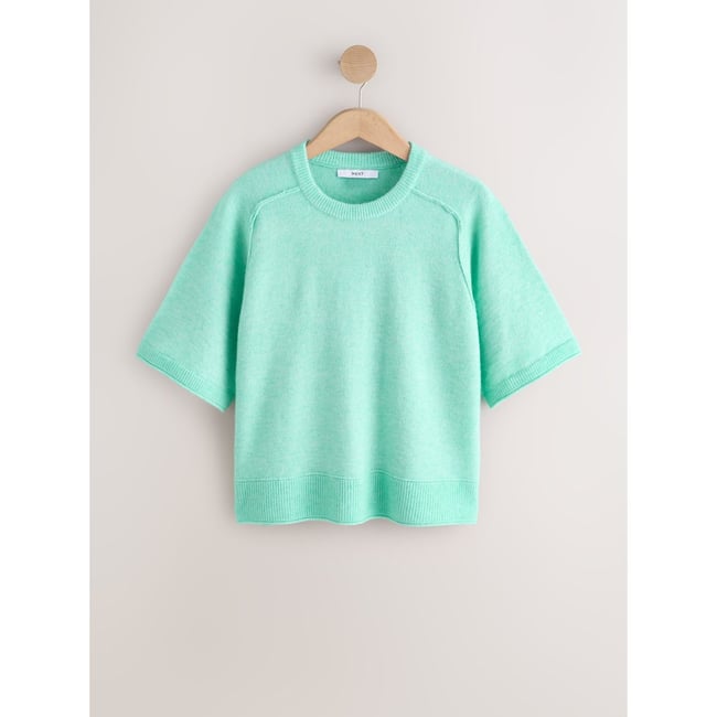 T-shirt en maille à manches mi-longues bleu aqua <span itemprop=