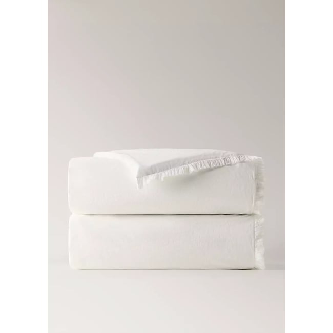 Housse de couette coton lavé volant en gaze effiloché lit 150/160 cm écru <span itemprop=