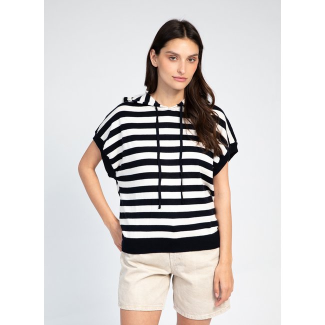 SWEATSHIRT A CAPUCHE SANS MANCHES LESELLY ecru rayé <span itemprop=