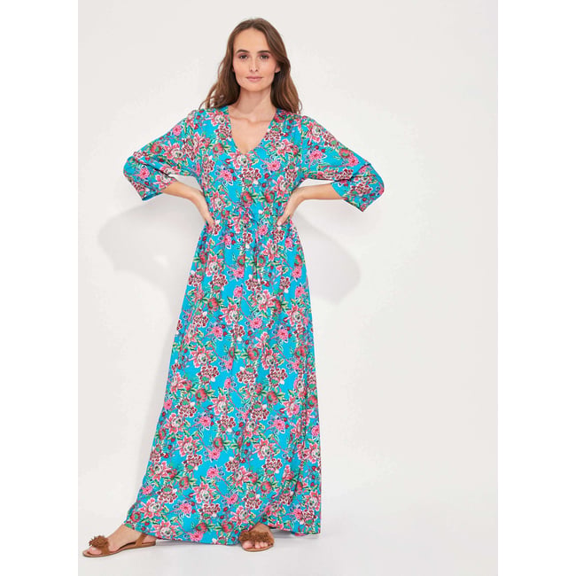 Robe longue imprimée fluide Ecovero QUIMPUR bleu canard praveen <span itemprop=
