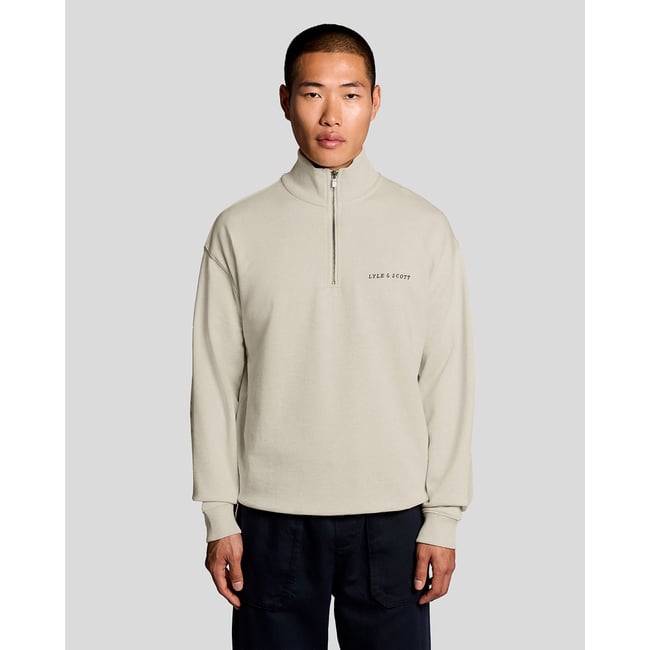 Sweat-shirt camionneur épais script zippé beige glace chiné <span itemprop=