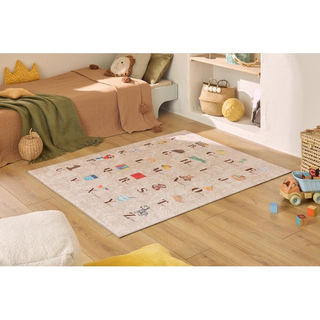 Tapis enfant lavable en machine, motif alphabet HAPPY Couleur beige <span itemprop=