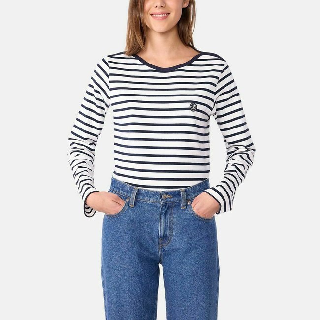 Matrosen-Shirt für Damen aus Baumwolle mit langen Ärmeln weiss, marine gestreift <span itemprop=