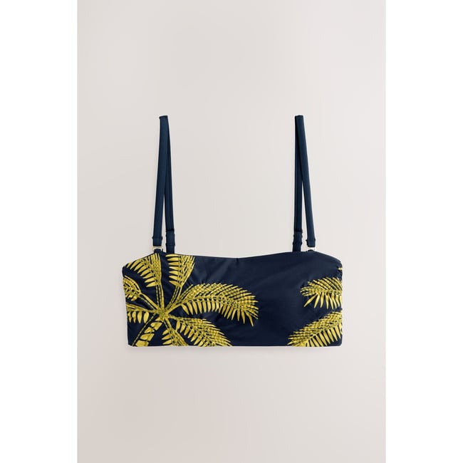 Haut de bikini bandeau paume brodée bleu marine/citron vert <span itemprop=