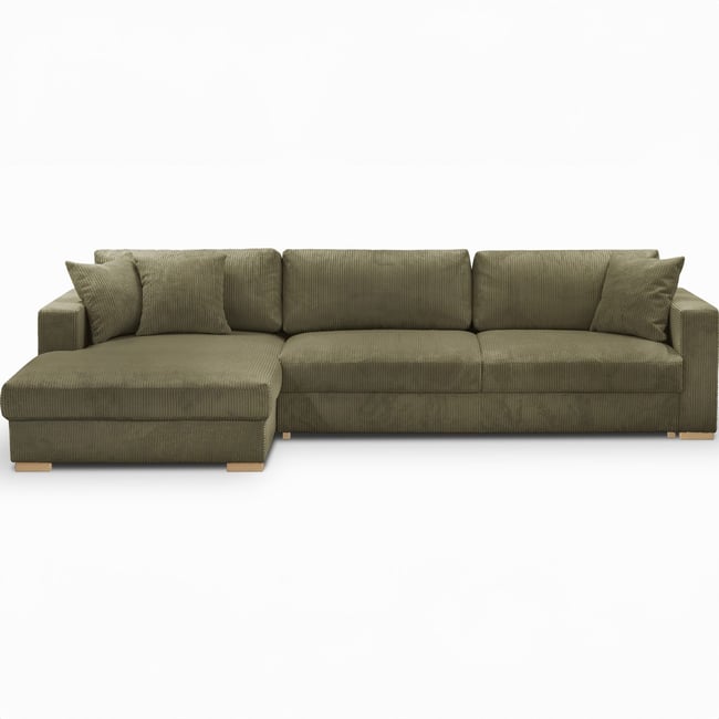 Canapé d'angle à gauche convertible 5 places en velours côtelé - ROBIN Couleur vert kaki <span itemprop=