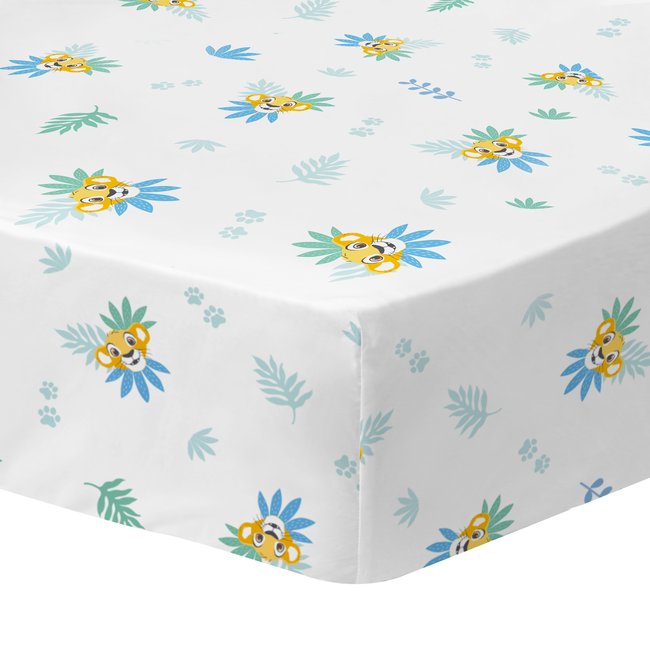 Drap-housse imprimé 100% coton, LION KING SIMBA blanc <span itemprop=