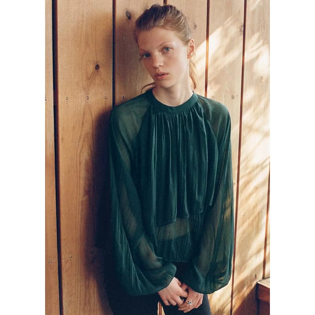 Blouse bouffante à volants bleu pétrole <span itemprop=