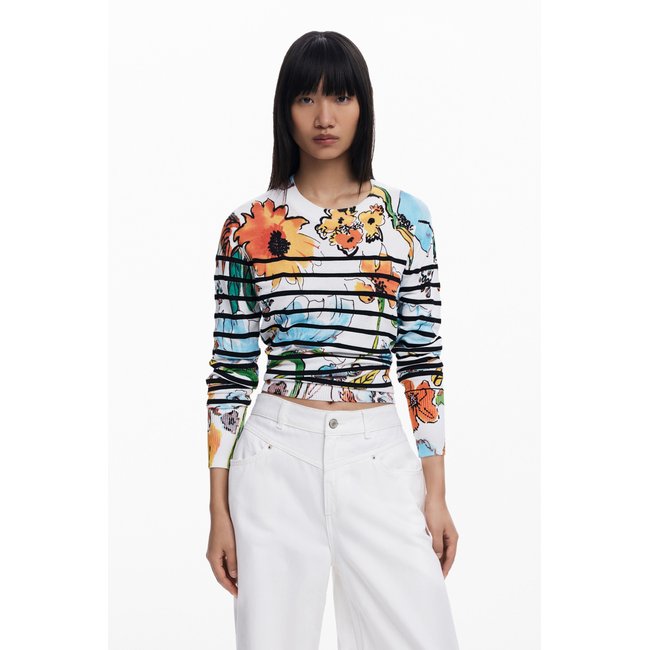 Pull à rayures et fleurs beige <span itemprop=
