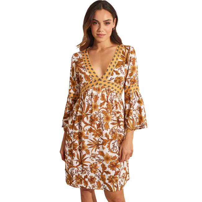 Robe estivale manches trois-quarts ACANTHUS jaune <span itemprop=