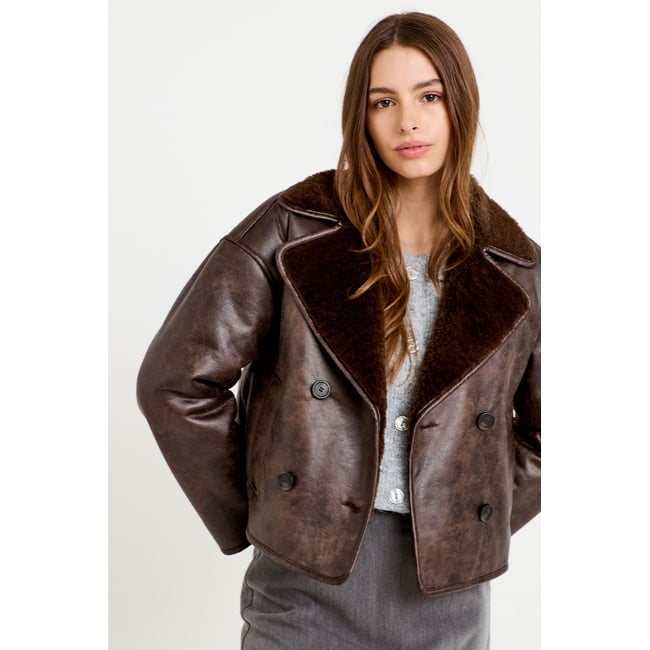 Caban cropped droit col tailleur marron foncé <span itemprop=