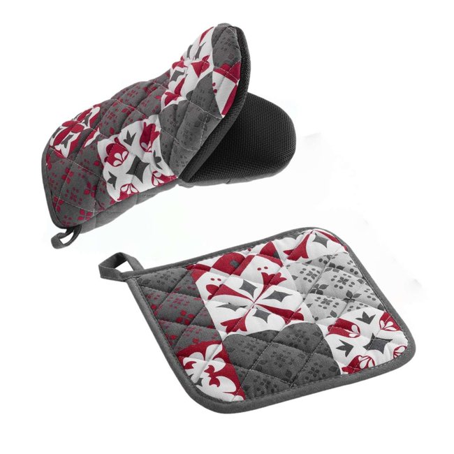 Ensemble gant et manique à motifs crédence gris <span itemprop=