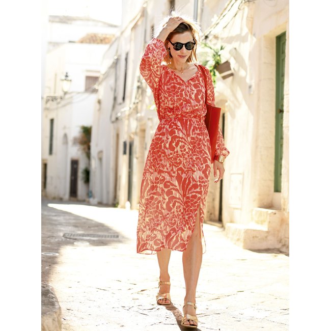 Robe satinée coupe ample imprimé corail <span itemprop=