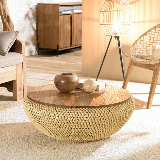 Table basse coffre ronde rotin beige et teck recyclé 81 cm SWING Couleur beige <span itemprop=