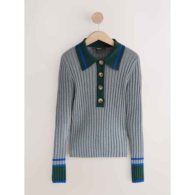 Pull côtelé à col polo et manches longues gris multi <span itemprop=