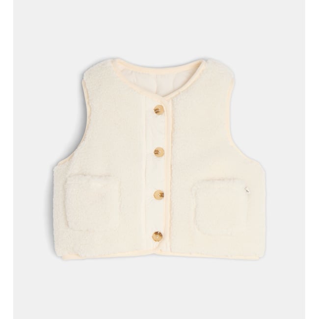 Veste sans manches toudou réversible façon sherpa écru et beige <span itemprop=