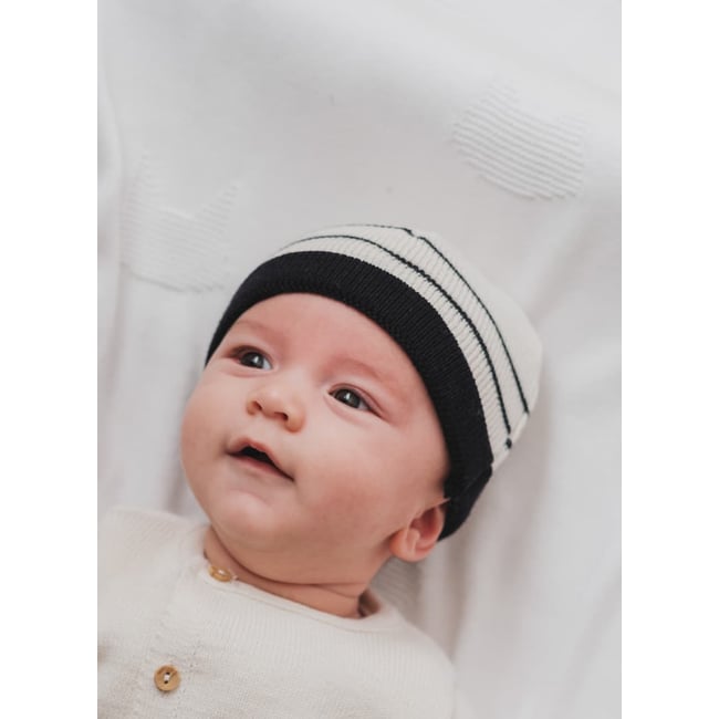Bonnet bébé à revers Petits Marins écru rayé marine <span itemprop=