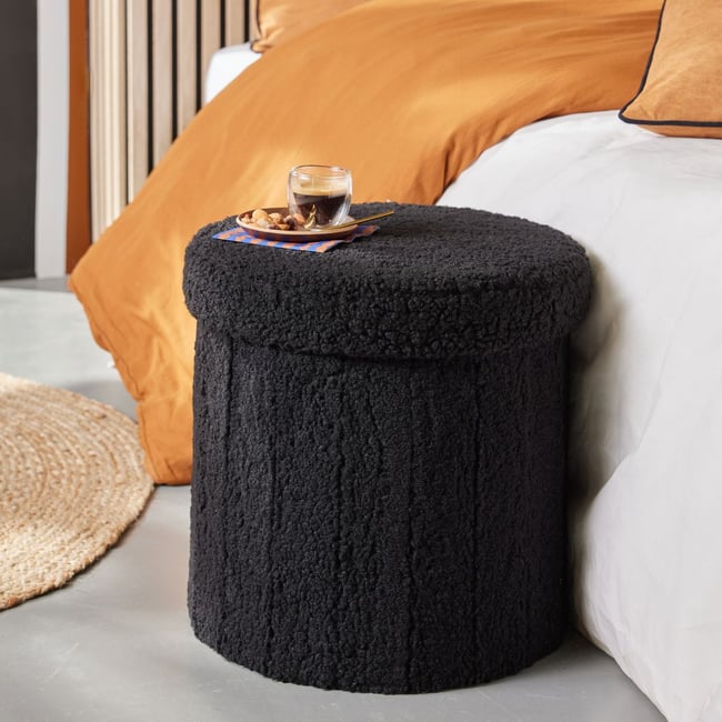 Pouf coffre rond en tissu bouclette MOKA - FACTORY