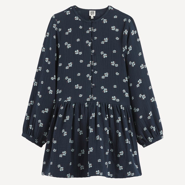 Robe manches longues, imprimé floral, en gaze de coton imprimé bleu marine <span itemprop=