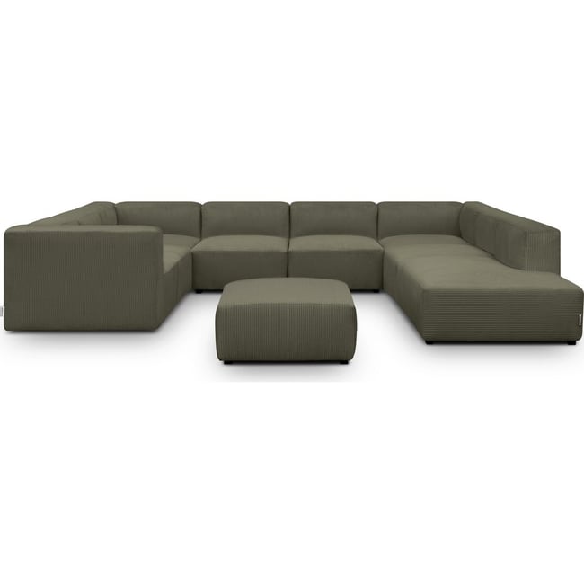 Canapé modulable panoramique 12 places ouvert à droite en velours côtelé + pouf - MODULO Couleur vert kaki <span itemprop=