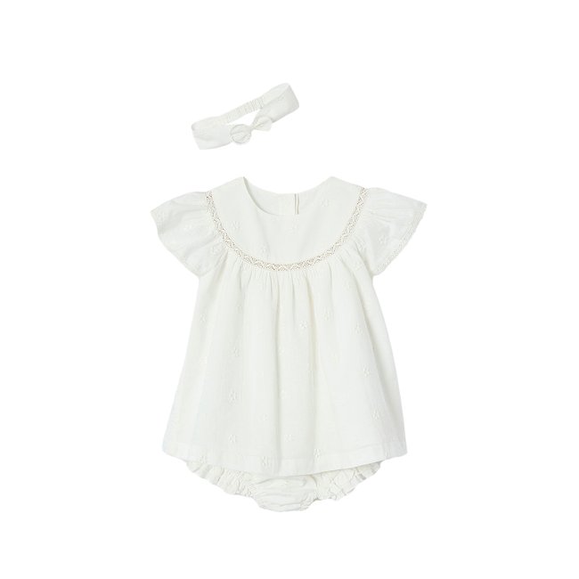Ensemble naissance en broderie anglaise robe, culotte et bandeau écru <span itemprop=