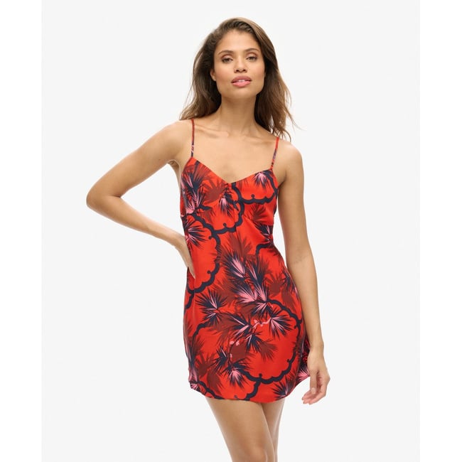 Robe caraco courte imprimée à enfiler rouge corail matsu <span itemprop=