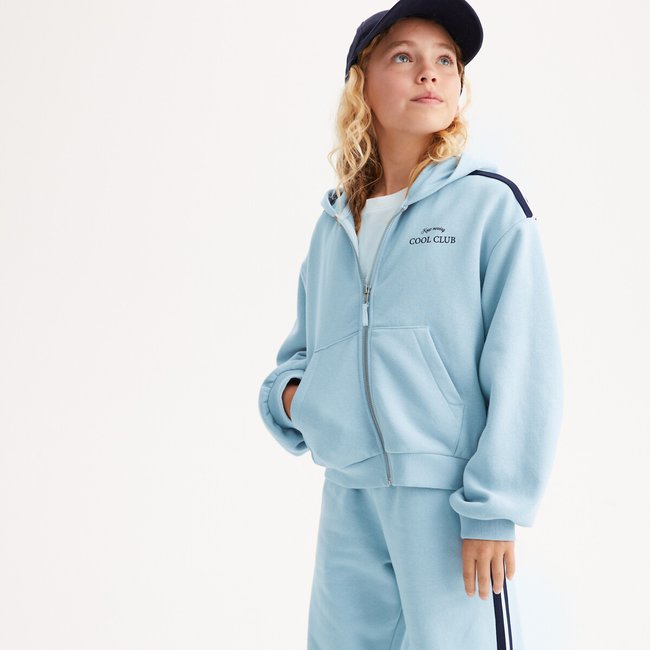 Sweat zippé à capuche en molleton bleu <span itemprop=