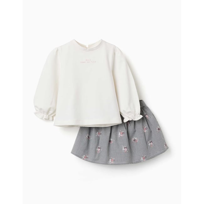 Sweat et jupe-short à carreaux Vichy en coton blanc <span itemprop=